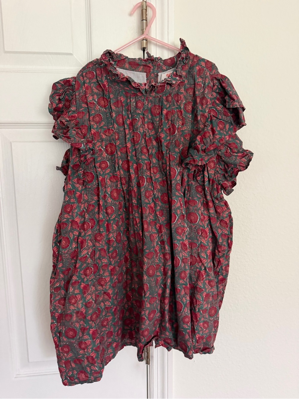 Victoria Dunn Jasmine Block Print Top Ruffle Flutter Sleeve Button Back Cotton L